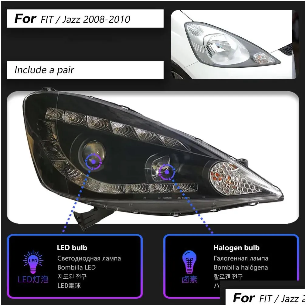 for honda fit headlights jazz 2008-2010 styling led daytime lights dual projector drl car accesorios modified
