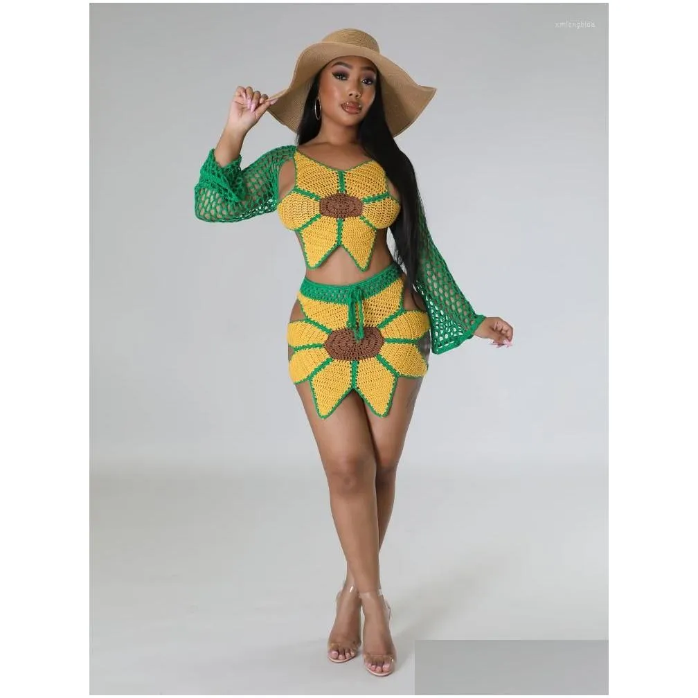 Two Piece Dress Women Long Sleeve Tops And Mini Skirt Hand-Clogheted Sunflower Swimsuit Er Ups 2023 Summer 2 Set Drop Delivery Dhoeg