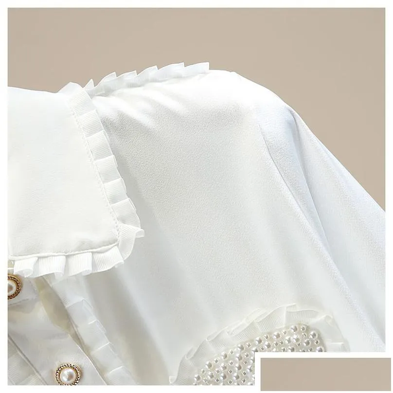 Women`S Blouses & Shirts Womens Blouses Love Heart Pearls Beading Ruffles Work Black White Blouse Autumn Korean Elegant Shirt Long Sl Dhvrh