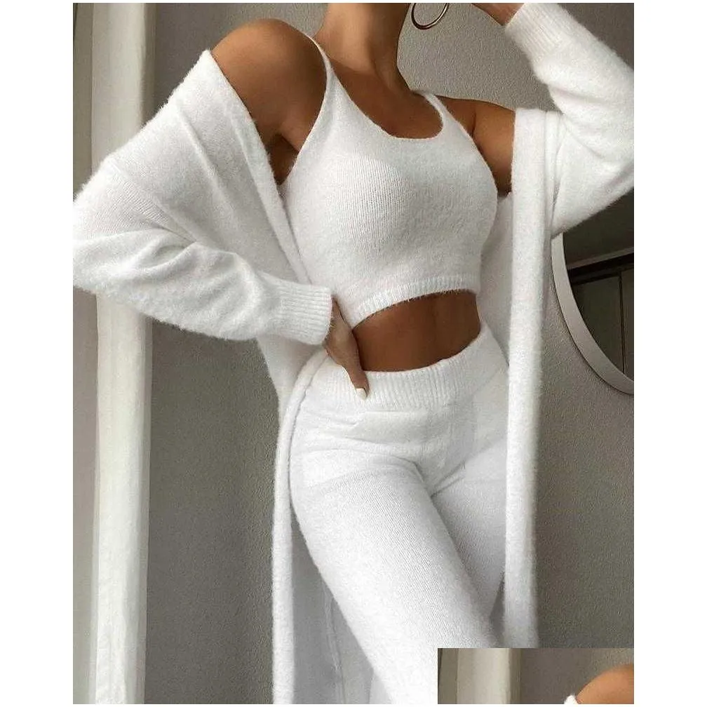 Women`S Tracksuits Women Tracksuits 3 Piece Outfits Set Winter Y Fuzzy Fleece Long Cardigan Scoop Neck Crop Tank Top High Waist Pants Dh8Ep