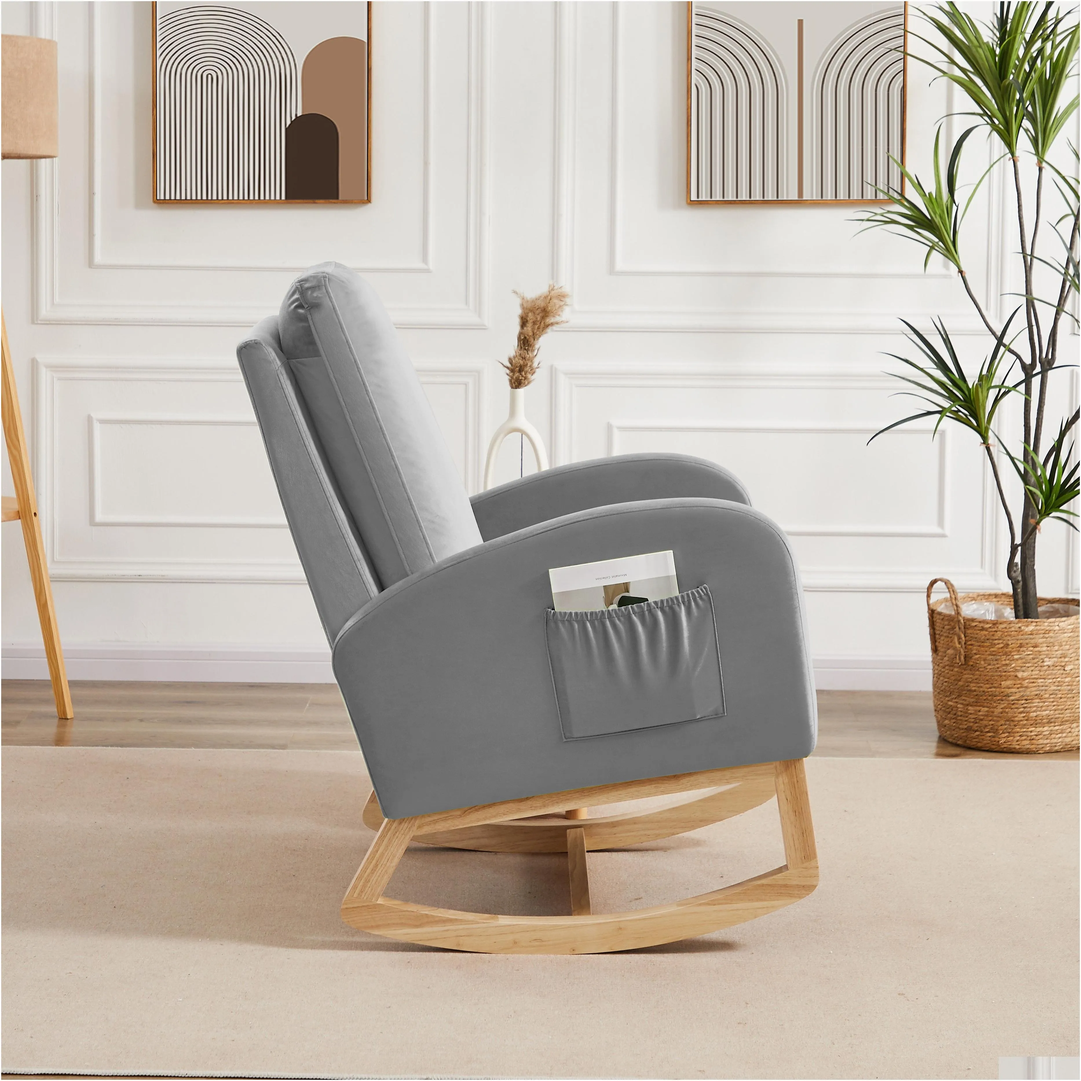 rocking chair mid-century modern rocking armchair upholstered tall back accent glider rocker,gray