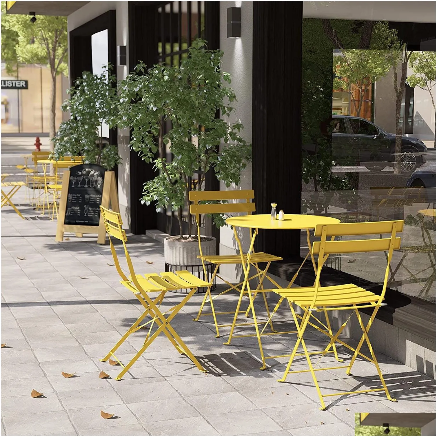 sr steel patio bistro set, folding outdoor patio furniture sets, 3 piece patio set of foldable patio table and chairs,mango yellow