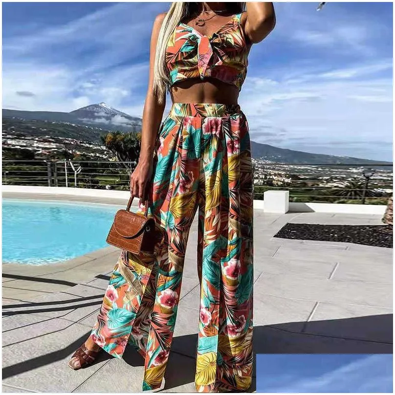 Women`S Tracksuits Print Boho Pant Suits Summer Women 2 Piece Sets Spaghetti Strap Crop Tops Split Wide Leg Pants 2021 Y Beach Vacati Dhext