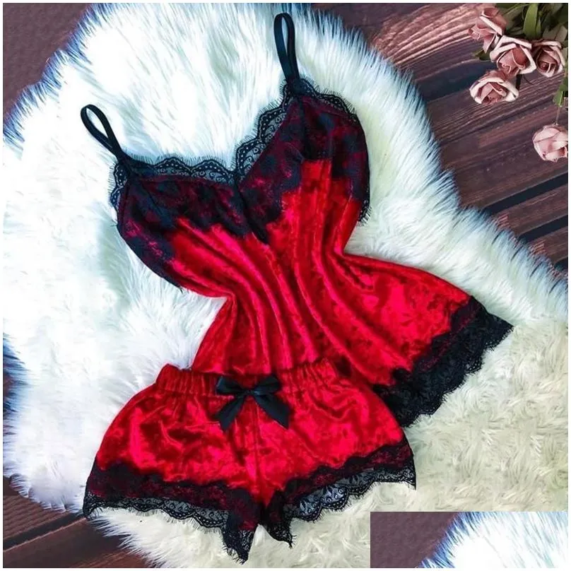 Women`S Sleepwear Womens Sleepwear Women Y Lingerie Camisole Bow Shorts V-Neck Tops Veet Pajamas Babydoll Nightdress Underwear Set Fa Dhvtm