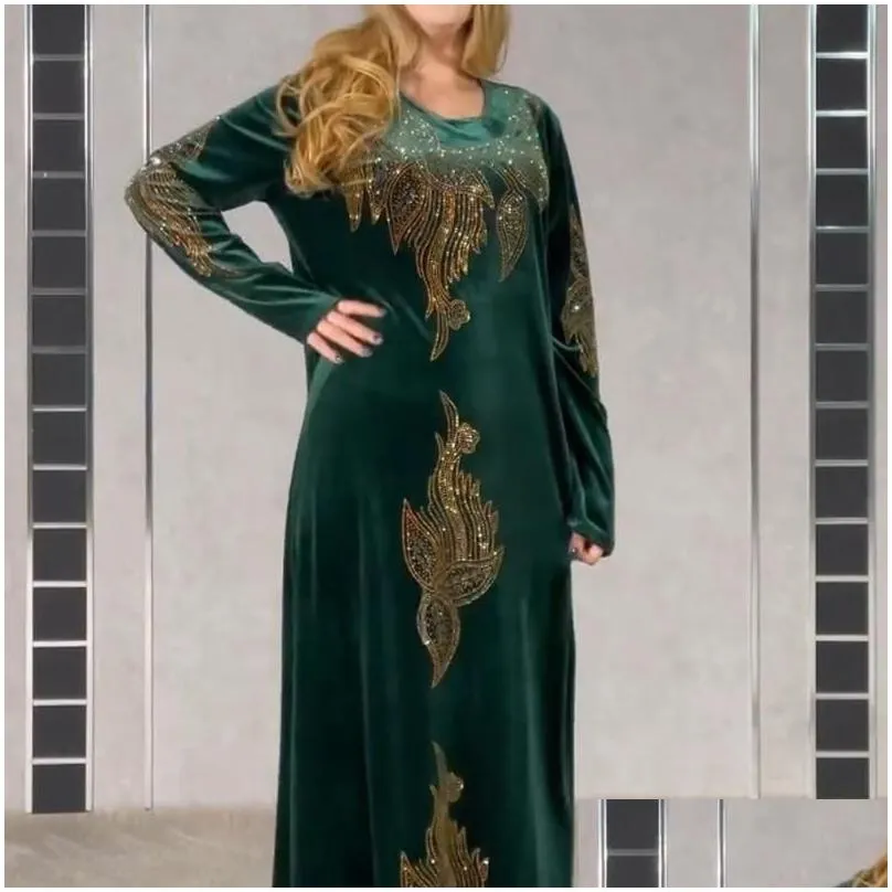 Ethnic Clothing Plus Size Veet Evening Dresses For Women 2021 Winter Long Sleeve Kaftan Maxi Dress Abaya Dubai Turkey Muslim African Dhvj8