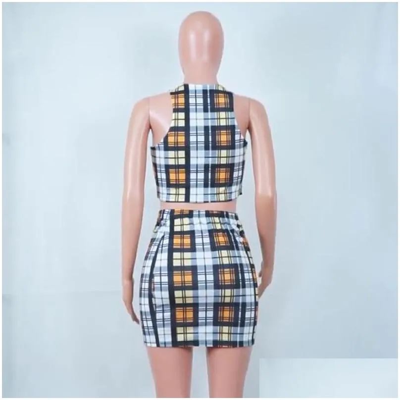 Two Piece Dress Anjamanor Yellow Plaid Print Y 2 Piece Set Womens Summer Matching Sets Club Outfits Crop Top And Skirt Short Suit D37 Dh5Rq