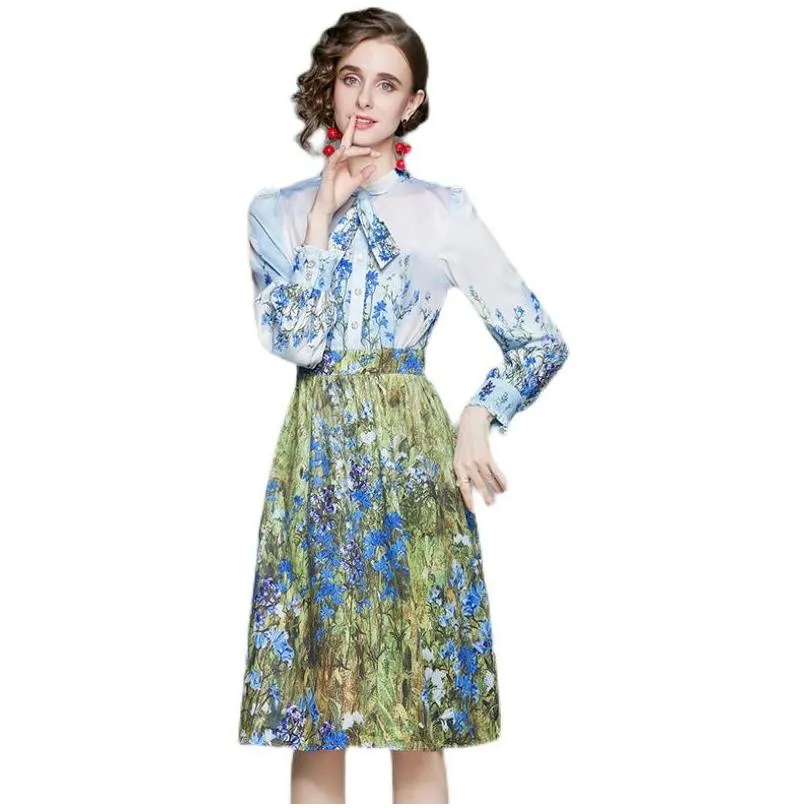 womens printed bow dress long sleeve 2022 spring autumn dress high-end elegant lady floral dresses office party dress