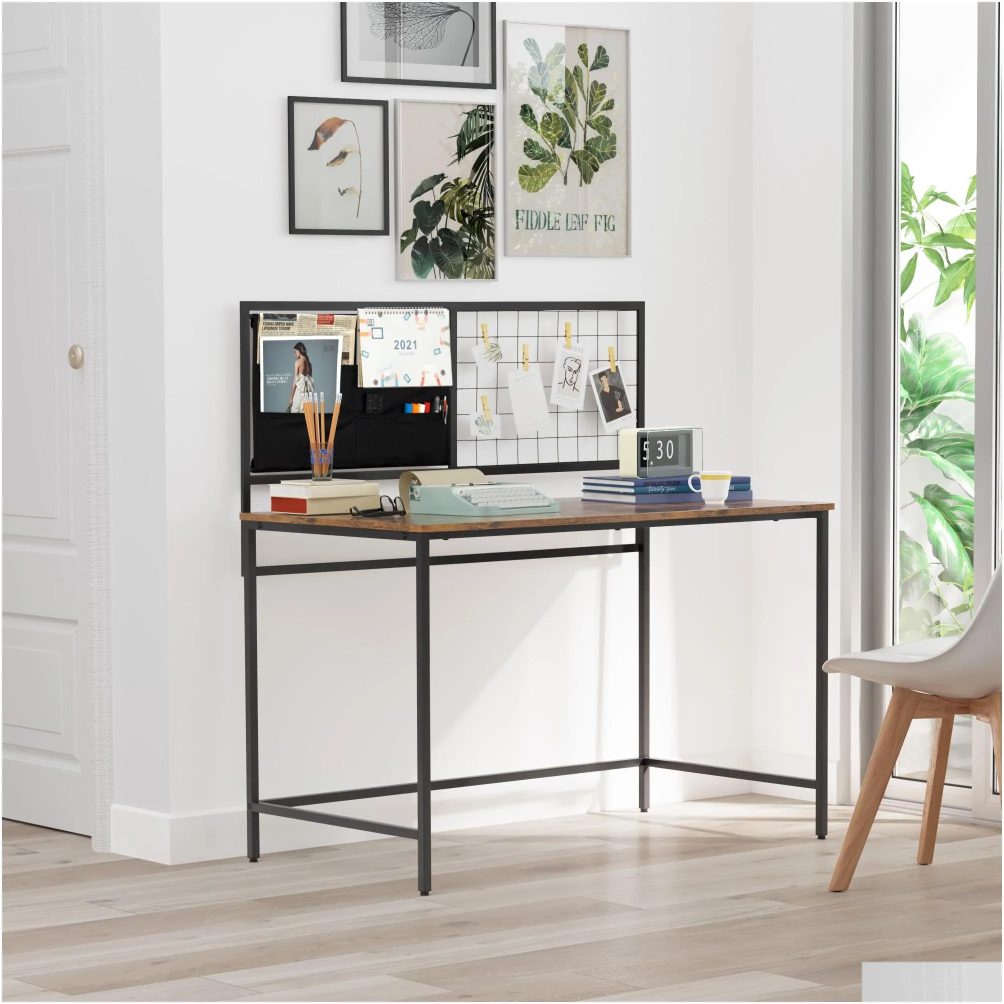 computer desk furniture with mesh 46.5 inch study writing table for home office, modern simple style, black metal frame, rustic brown