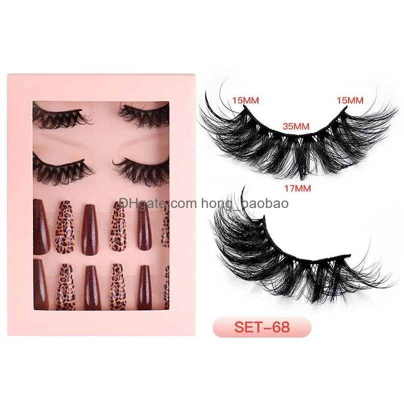 False Eyelashes Thick Eyelash Extension Finished Press On Nails Set 8D Reusable Fluffy Fl Strip Nail Beauty Lash Combination Juego D Dh0Ou