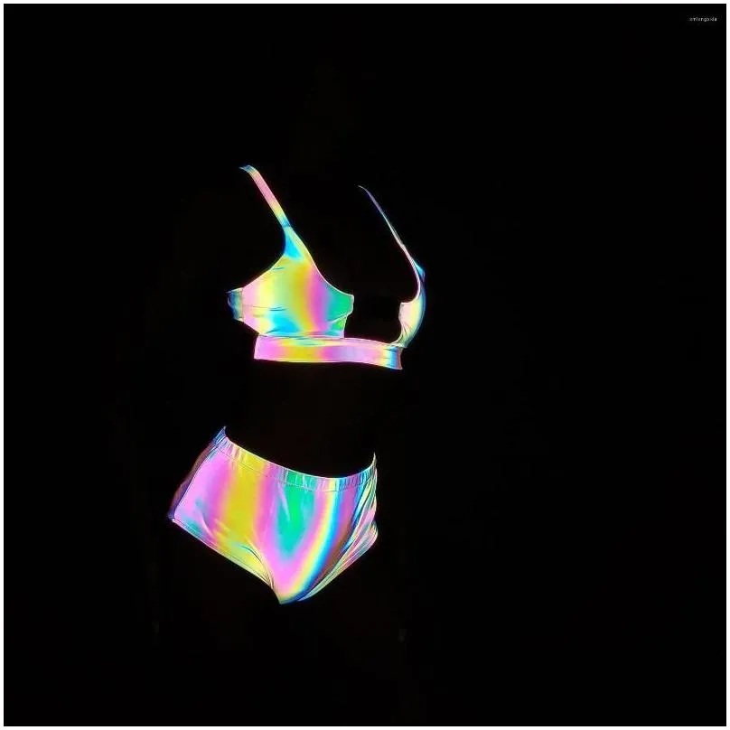 Women`S Swimwear Womens Swimwear Rainbow Reflective Women Rave Swimsuit Summer 3 Piece Bikini Set Skirt Mini Triangle Buckle Bra Top Dhmtr