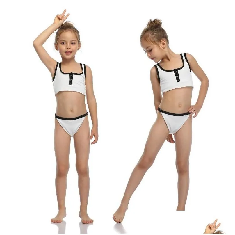 one-pieces girl 2021s cute two piece split swimsuit  solid color stitching suspender tops and buckle triangle shorts