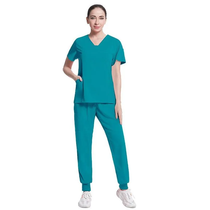 Women`S Two Piece Pants Womens Two Piece Pants Solid Color Spa Threaded Clinic Work Suits Tops Uni Scrub Pet Nursing Uniform Drop Del Dhkcf
