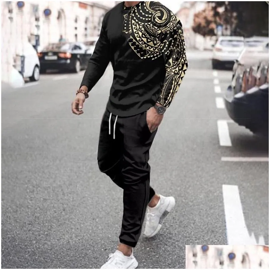 Men`S Tracksuits Mens Tracksuits Tracksuit Spring Autumn Clothes Outfit 2 Piece Sets Long-Sleeve T-Shirt Casual Outdoor Street Style Dhuhp