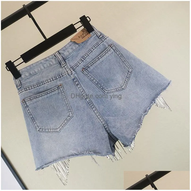 womens heavy rhinestone fringed hole jeans shorts female high waist summer fashion wide leg denim shorts