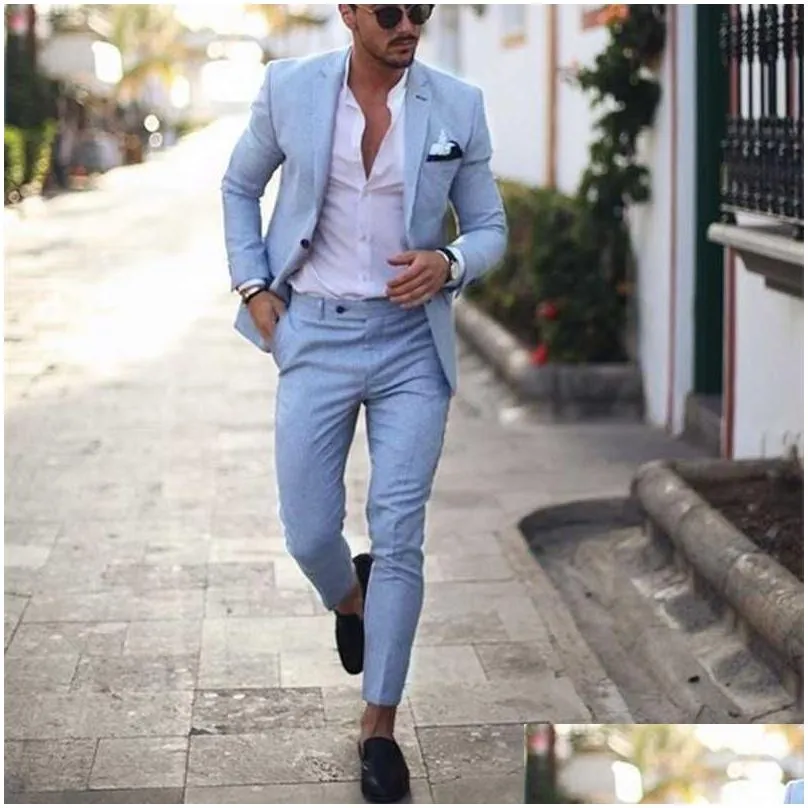 Men`S Suits & Blazers Mens Suits Blazers 2022 Light Blue Men Tuxedo For Wedding 2 Pieces Business Peaked Lapel Costume Homme Party Ve Dhczo