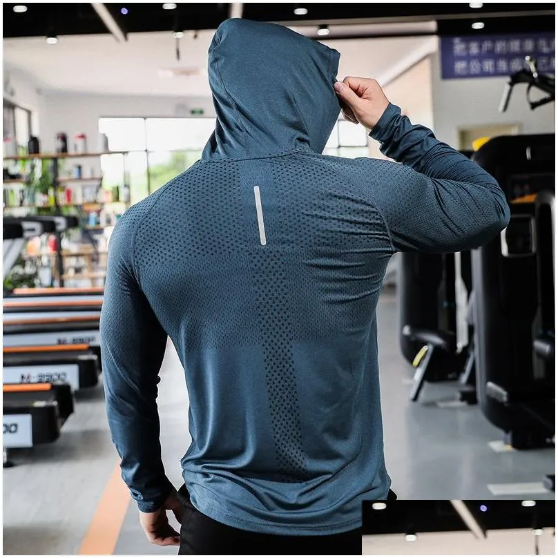 Men`S T-Shirts Mens T-Shirts Fitness Tracksuit Running Sport Hoodie Gym Joggers Hooded Outdoor Workout Shirts Tops Clothing Muscle Tra Dhpml