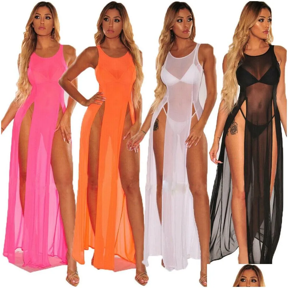 Basic & Casual Dresses Womens Bikini Swimsuit Er Up Sundress Beach Wear Mesh Sheer Long Dress Summer Bathing Suit Holiday Sarong Pare Dhl5A