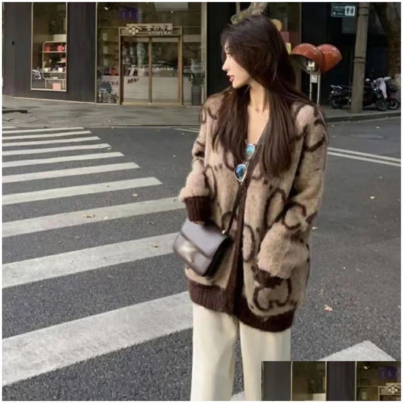fashion brand designer sweaters new female loose coat brown presbyopia full print sweater coat lazy wind loose cardigan top