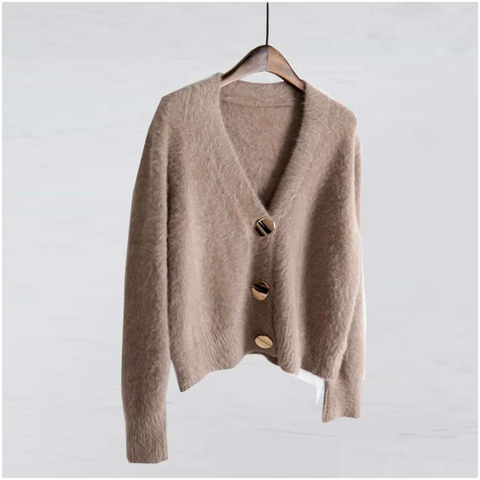 Women`S Sweaters Mohair Sweater Women Cardigans Winter V-Neck Soft Knitted Tops Outwear Solid White Brown Casual Woman Knitwear Sweat Dh1Mt