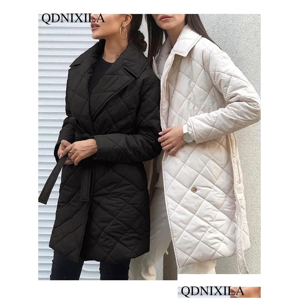 Women`S Down & Parkas Womens Down Parkas Winter Spring Mid-Length Black Cotton Padded Lace Jacket Light Thin Fashion Elegant Quilted C Dho68