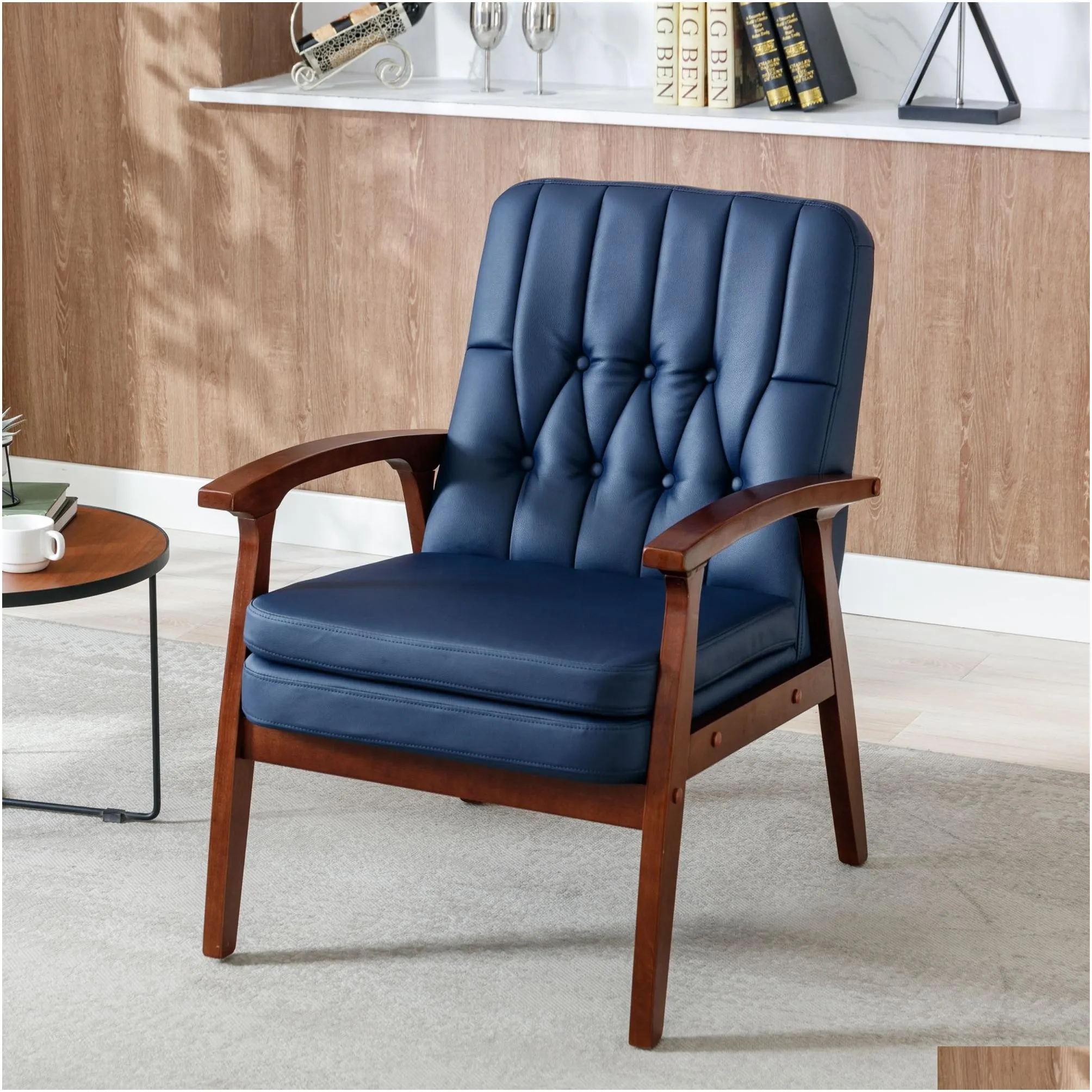 mid century single armchair sofa accent chair retro modern solid wood armrest accent chair, fabric upholstered wooden lounge chair,dark