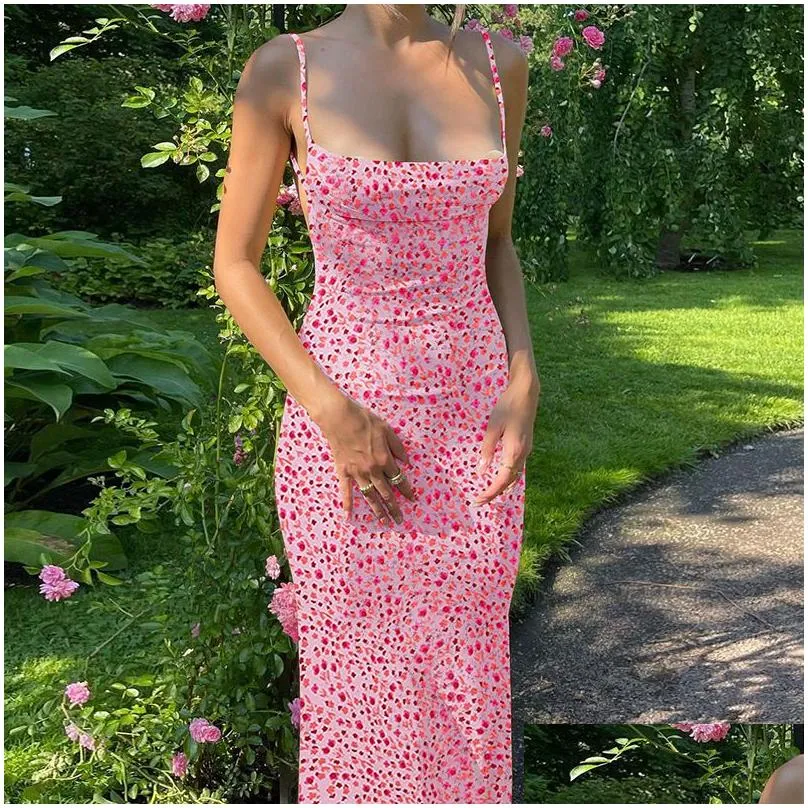 Basic & Casual Dresses Women Casual Dresses Floral Dress Sleeveless Backless Spaghetti Straps Beach Long Vintage Bohemian Black Red R Dh19S
