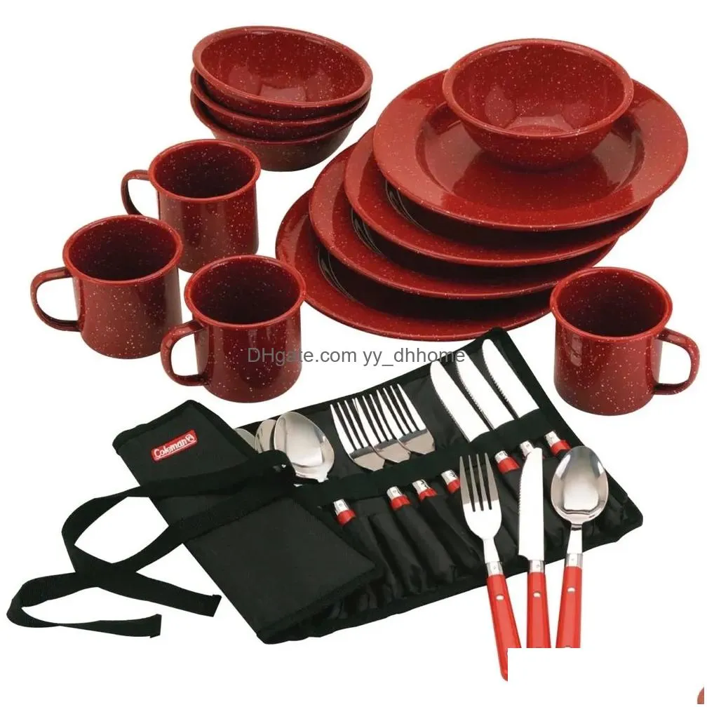 24-piece enamel dinnerware sets red
