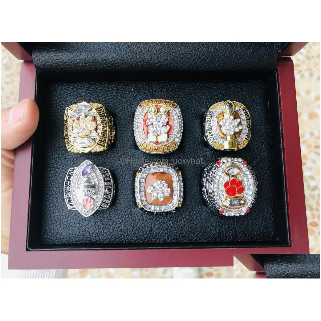 Cluster Rings 6 Pcs Clemson Tigers National Team Champions Championship Ring Set With Wooden Display Box Solid Men Fan Brithday Gift Dh4Ns