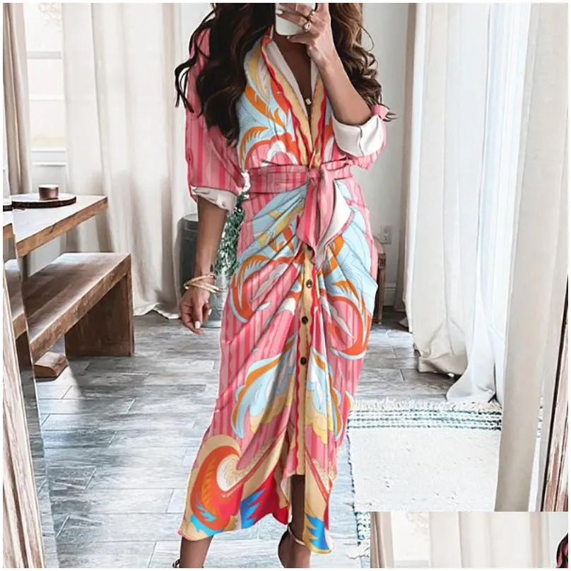 Basic & Casual Dresses Women Vintage Charm Casual Elegant Dresses Y Deep V-Neck Printing A-Line Dress Ladies Spring Autumn Long Sleev Dhy80