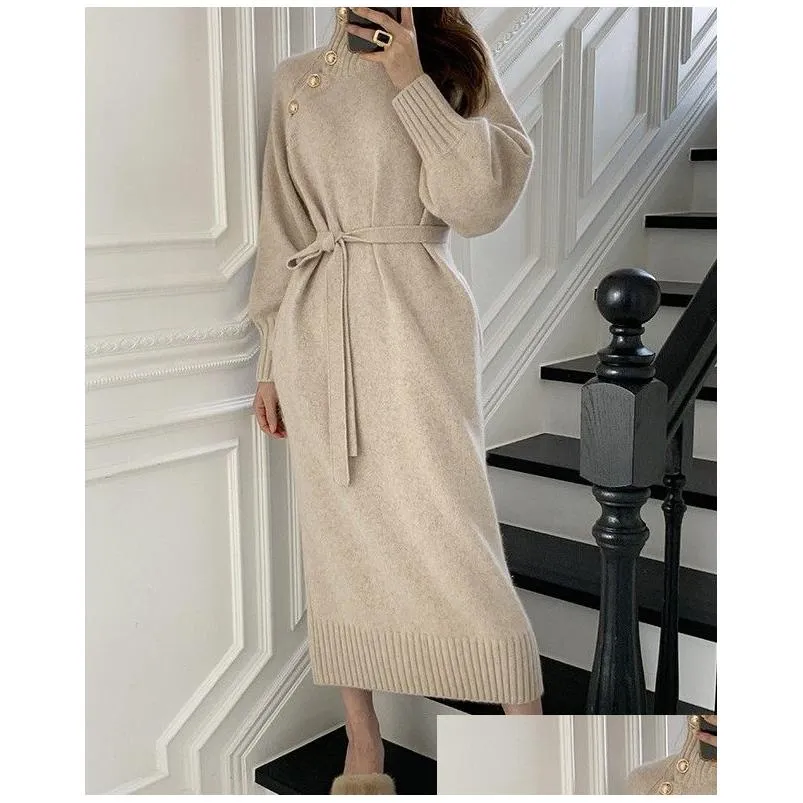Basic & Casual Dresses Casual Dresses Solid Knitted Sweater Dress Turtleneck Fl Sleeve Elegant Buttons One Size Drop Delivery Apparel Dhzar