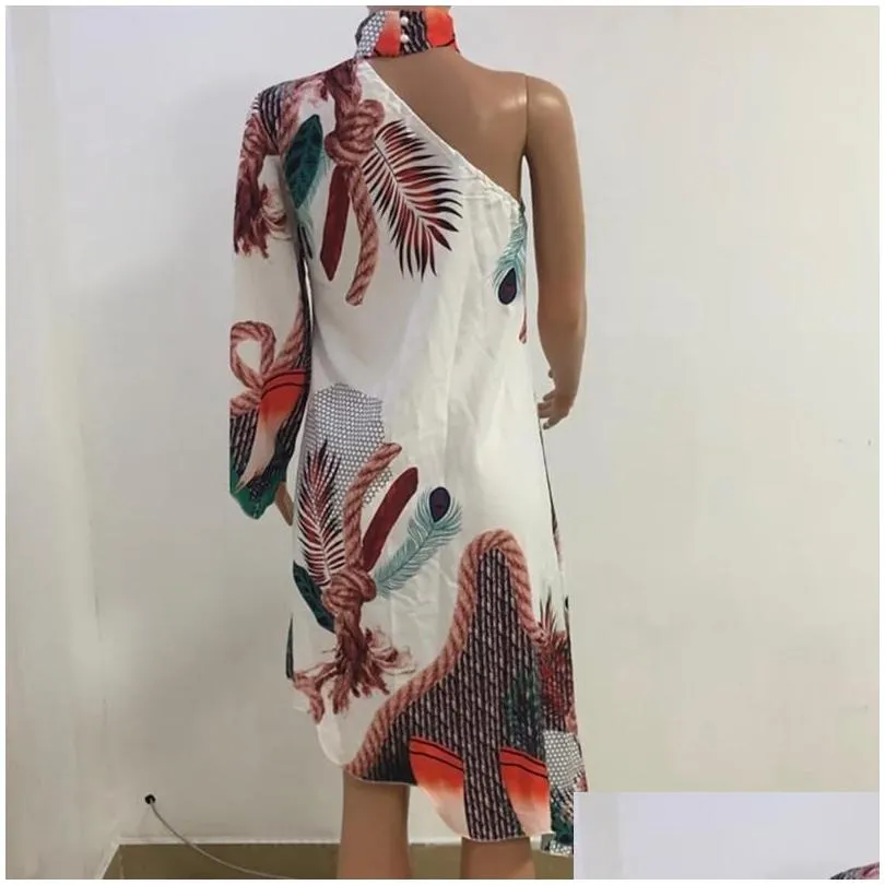 Basic & Casual Dresses Casual Dresses Plus Size Dress Apparel Women Fashion Choker Peacock Print One Shoder Irregar Ruffled Hem 2021 Dhdqx