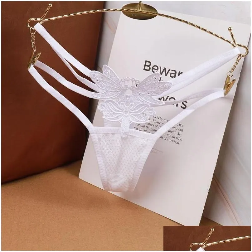 Women`S Panties Womens Panties Sweet Embroidered Butterfly Transparent Lace Y Open Crotch Mas Beads Thong For Ladies Briefs Drop Deli Dhqo7