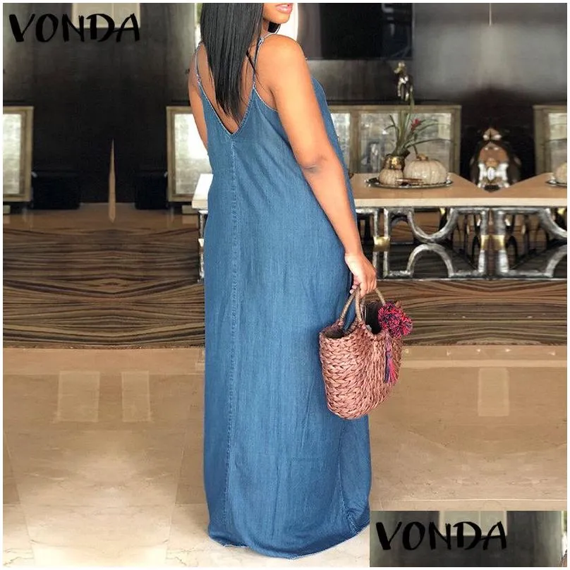 Basic & Casual Dresses Y Beach Denim Maxi Long Dress Women V Neck Strapless Backless Casual Loose Solid Clothes Plus Size Floor-Lengt Dhu5C