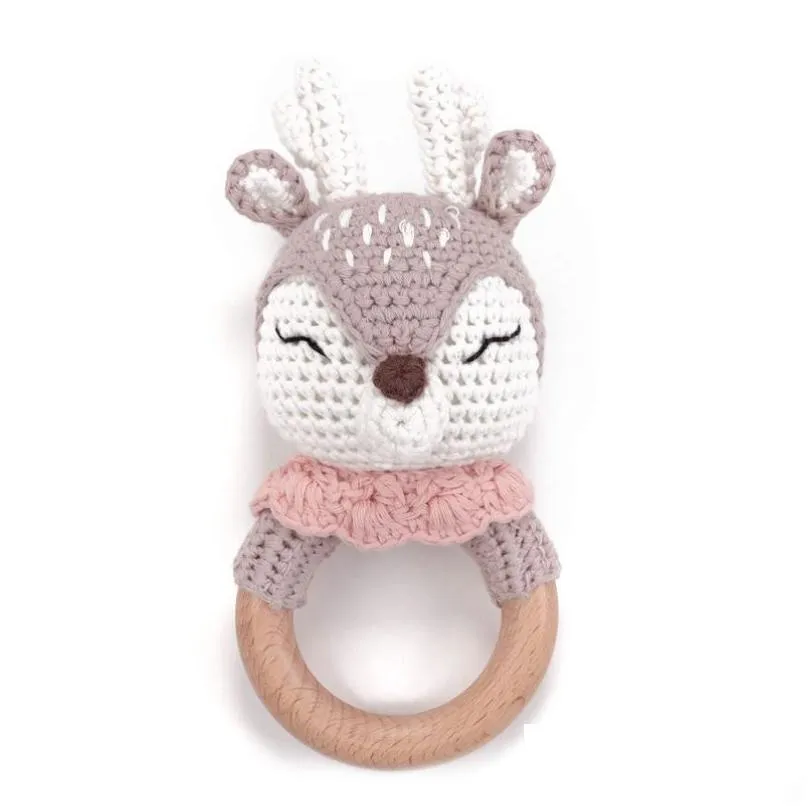 baby rattles diy crochet cartoon  fox doll hand bell carved wooden ring teething toys newborn molar teether educational toy