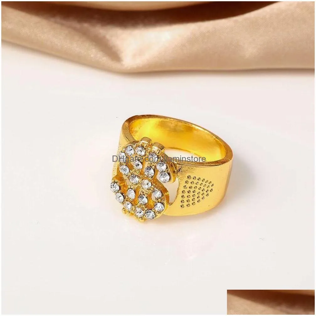 Band Rings Fashion Rock Crystal Dollar Ring Wholesale Hip Hop Jewelry Iced Out Bling Gold Color Us Sign Signets Rings For Men Drop De Dhd2J
