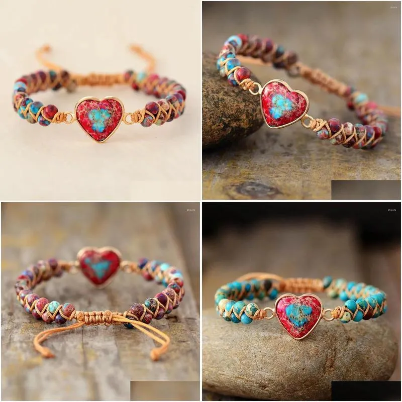 charm bracelets natural stone heart string braided macrame jaspers friendship wrap bracelet femme women jewelry