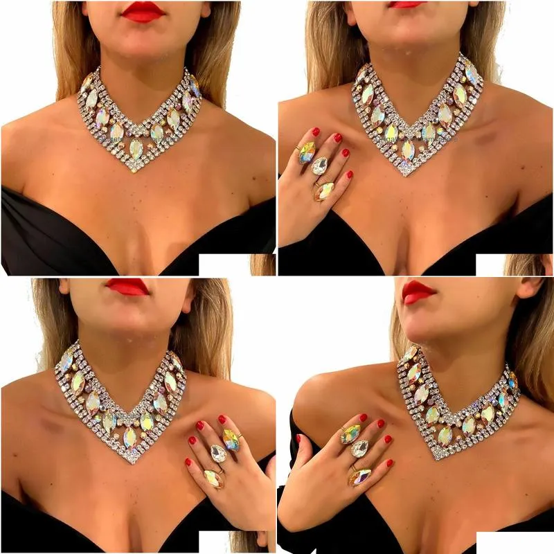 Chokers Stonefans Ab Color Rhinestone V Shape Necklace Choker For Women Summer Accessories Statement Crystal Luxury Jewelry Drop Deli Dhuf9