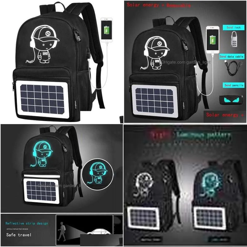 men backpacks solar cartoon anti-theft waterproof 14inches woman usb charging travel school bags for teenagers designer 0103