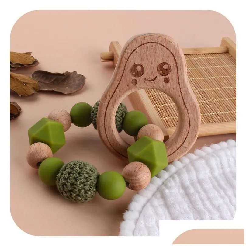 bibs and burp cloths new arrived avocado baby teether teether rings food grade beech wood teething ring soothers silicone beads butterfly flower owl