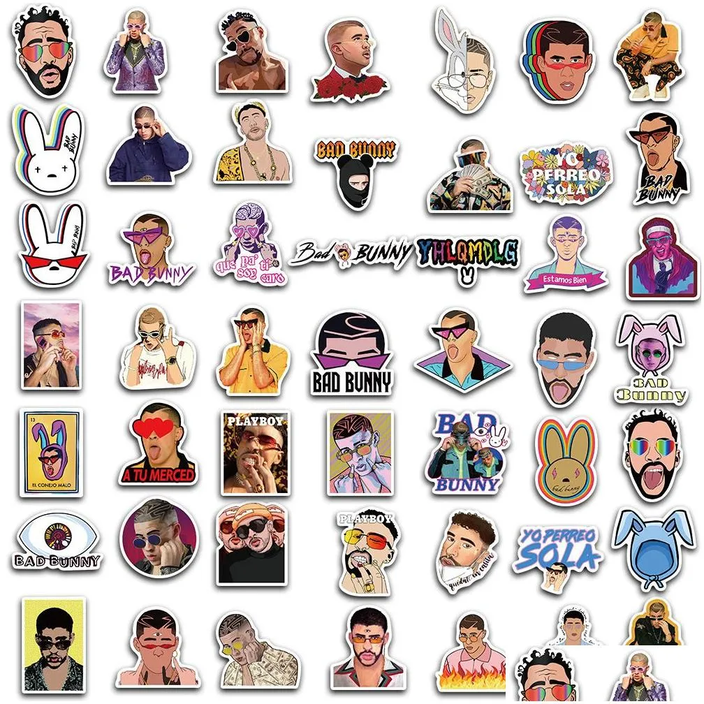 waterproof sticker 50/100pcs puerto rican singer bad bunny stickers for stationery laptop skateboard car motorcycle funny cool graffiti vinyl decal car