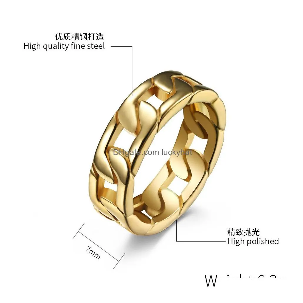 Band Rings Gold Sier Color Stainless Steel 7Mm Punk Vintage Ring For Men Cuban Link Chain Male Boy Finger Rings Accessory Drop Delive Dhtuy