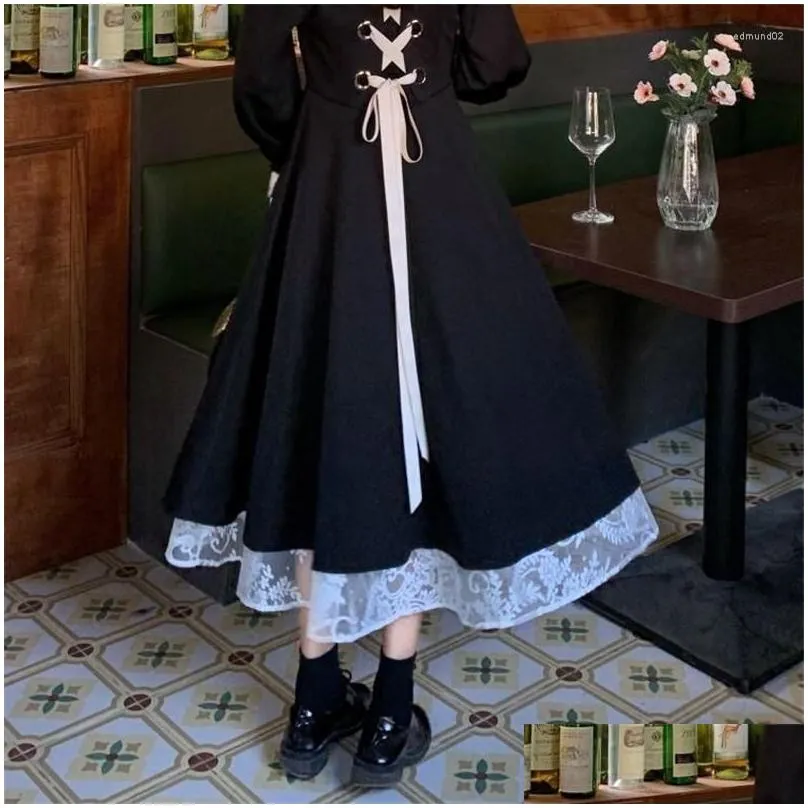 Basic & Casual Dresses Casual Dresses Fat Mm Dress Womens 2023Spring And Autumn French Retro Hepburn Style Black Vestidos Lace Long F Dhidx