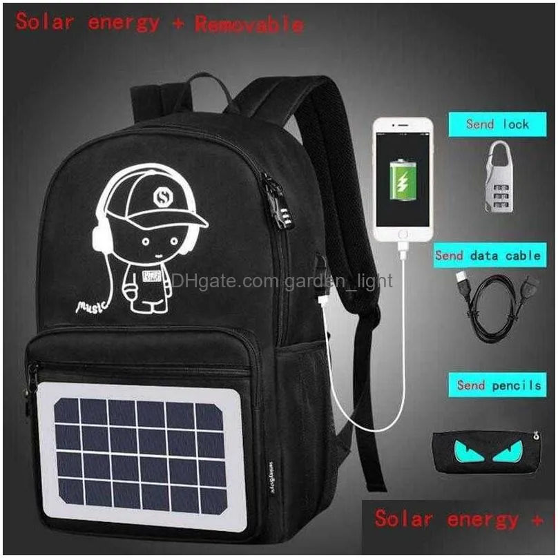 men backpacks solar cartoon anti-theft waterproof 14inches woman usb charging travel school bags for teenagers designer 0103