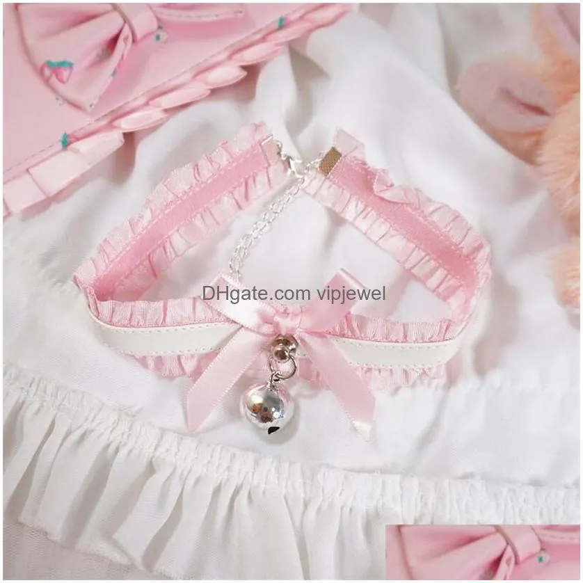necklaces sweet heart pink lace pu cross bownot choker lolita maid cosplay women necklace d733
