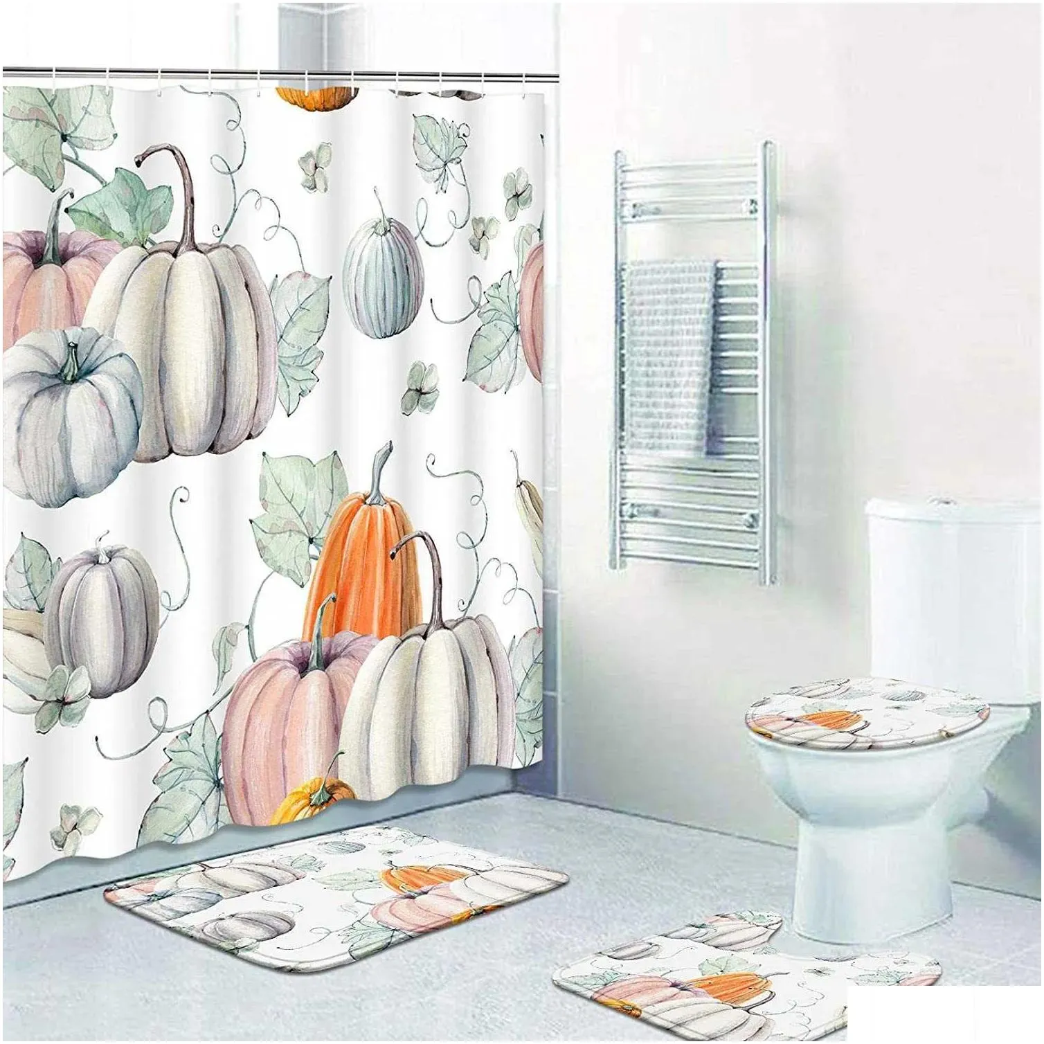 shower curtains shower curtain set thanksgiving pumpkins fall leaves november season with non-slip rugs toilet lid cover bath mat bathroom set