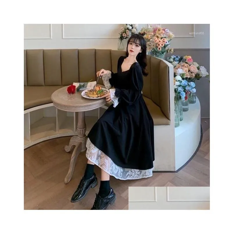 Basic & Casual Dresses Casual Dresses Fat Mm Dress Womens 2023Spring And Autumn French Retro Hepburn Style Black Vestidos Lace Long F Dhidx