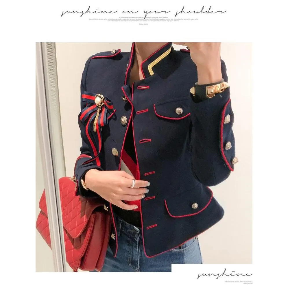 Women`S Jackets New Spring Womens Fashion Long Sleeve Stand Collar Single Breasted Color Block Navy Style Slim Waist Jacket Coat Drop Dhwcv