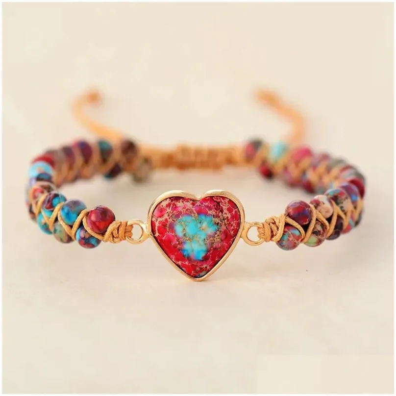 charm bracelets natural stone heart string braided macrame jaspers friendship wrap bracelet femme women jewelry