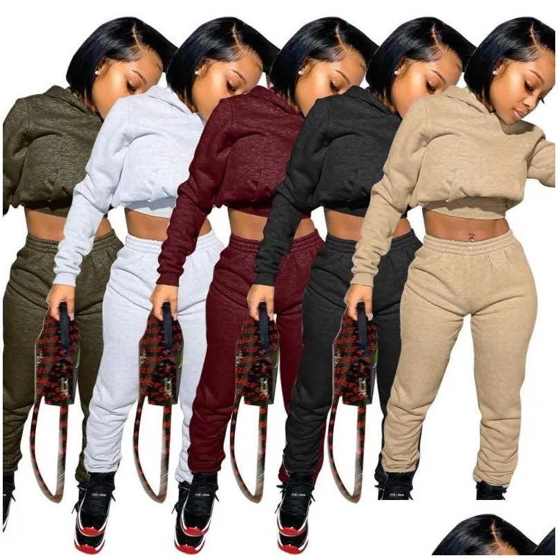 Women`S Tracksuits Sweatpants Womens Joggers Set Plain Logo 2 Piece Crop Top Tracksuit Sets Women Sweat Pants Fall Two Jogger With Ho Dhaxn