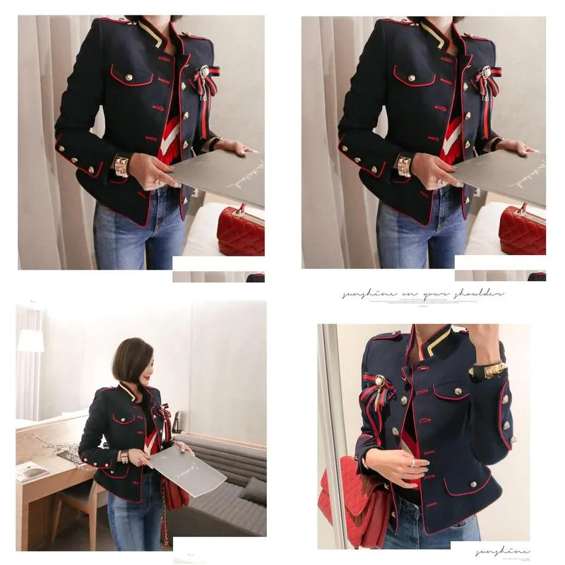 Women`S Jackets New Spring Womens Fashion Long Sleeve Stand Collar Single Breasted Color Block Navy Style Slim Waist Jacket Coat Drop Dhwcv